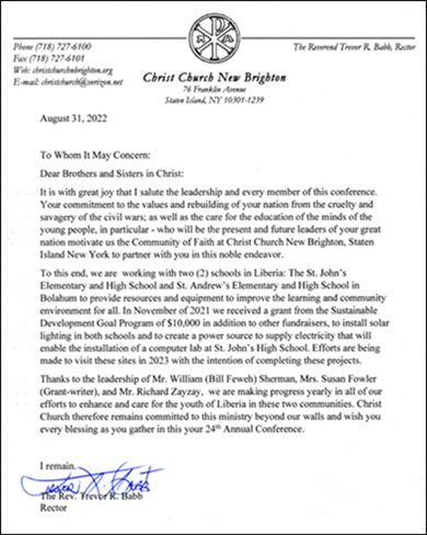 Congratulatory letter from the rector of Christ Church, Staten Island